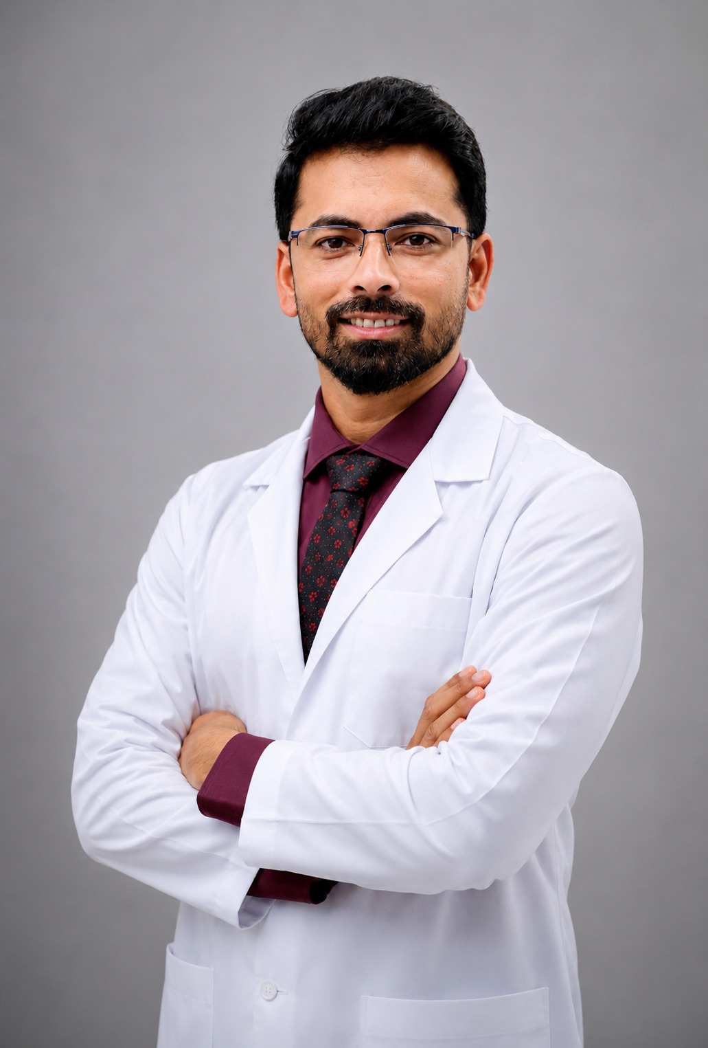 Dr. Subhash Ushakoyala in a white coat, arms crossed, smiling